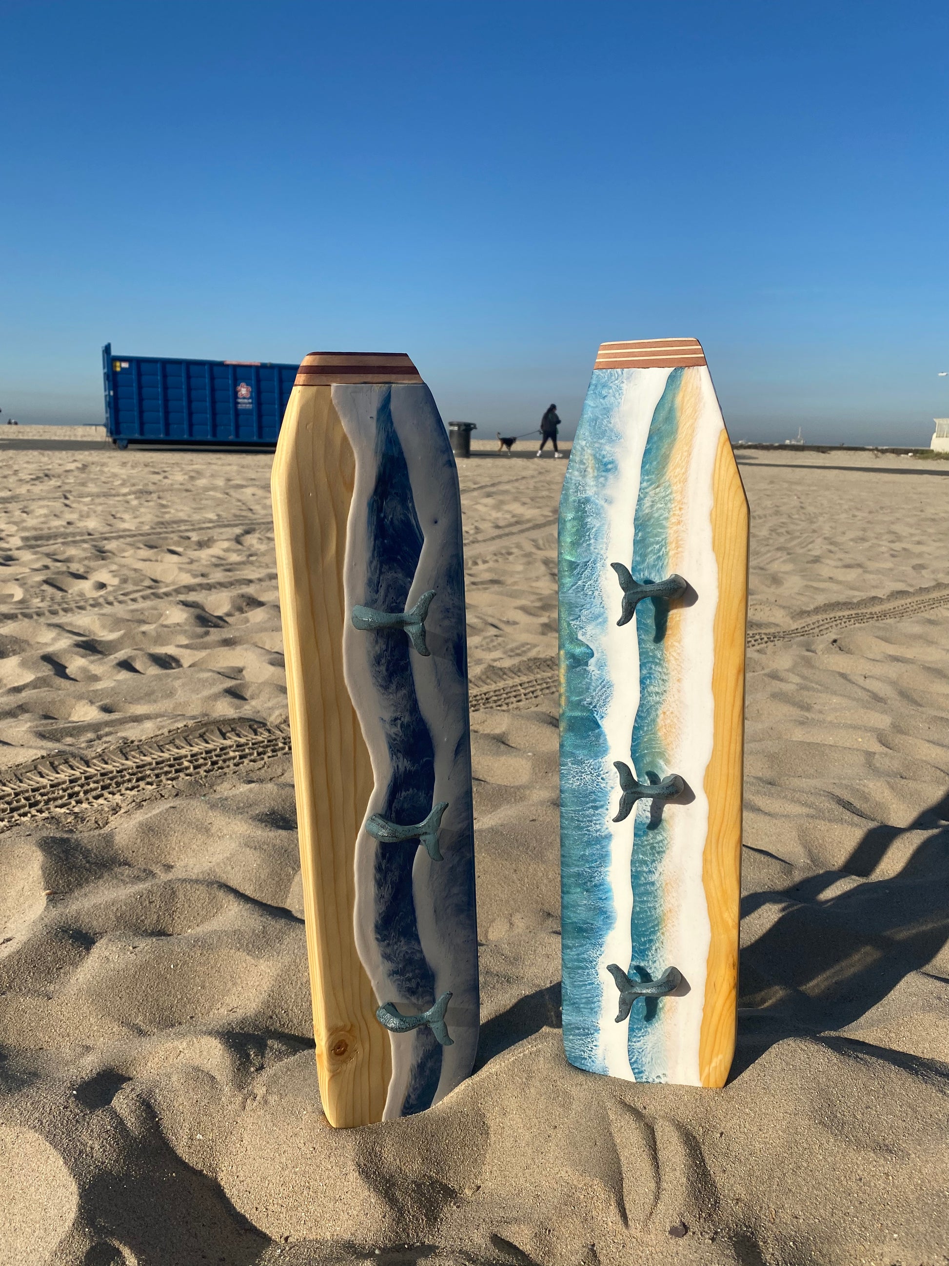 Handmade Ocean Waves Resin Surfboard Coat and Towel Hanger with Whale Tail Cast Iron Hooks - Omagoodness Art Shop