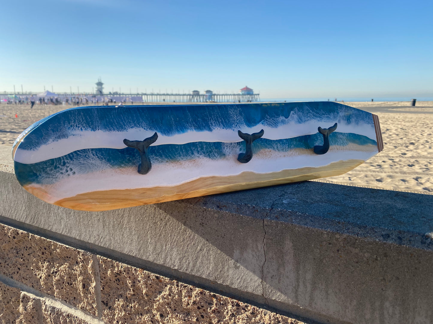 Handmade Ocean Waves Resin Surfboard Coat and Towel Hanger with Whale Tail Cast Iron Hooks - Omagoodness Art Shop