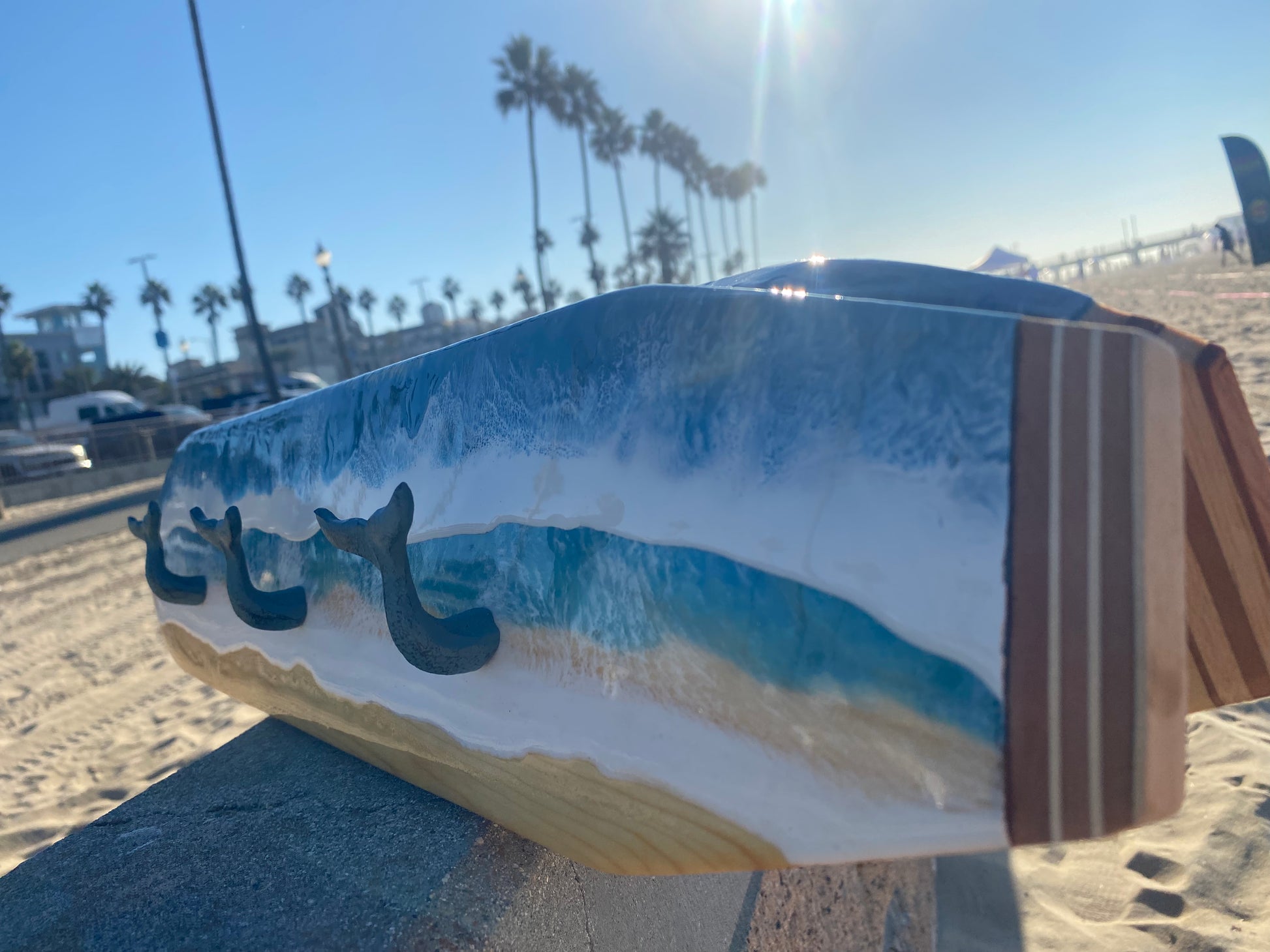 Handmade Ocean Waves Resin Surfboard Coat and Towel Hanger with Whale Tail Cast Iron Hooks - Omagoodness Art Shop
