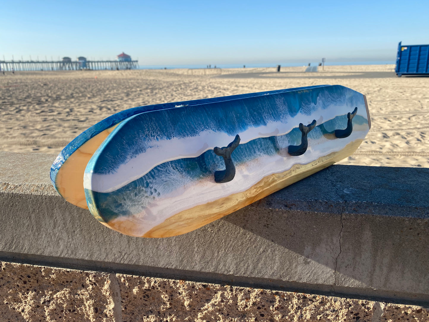 Handmade Ocean Waves Resin Surfboard Coat and Towel Hanger with Whale Tail Cast Iron Hooks - Omagoodness Art Shop