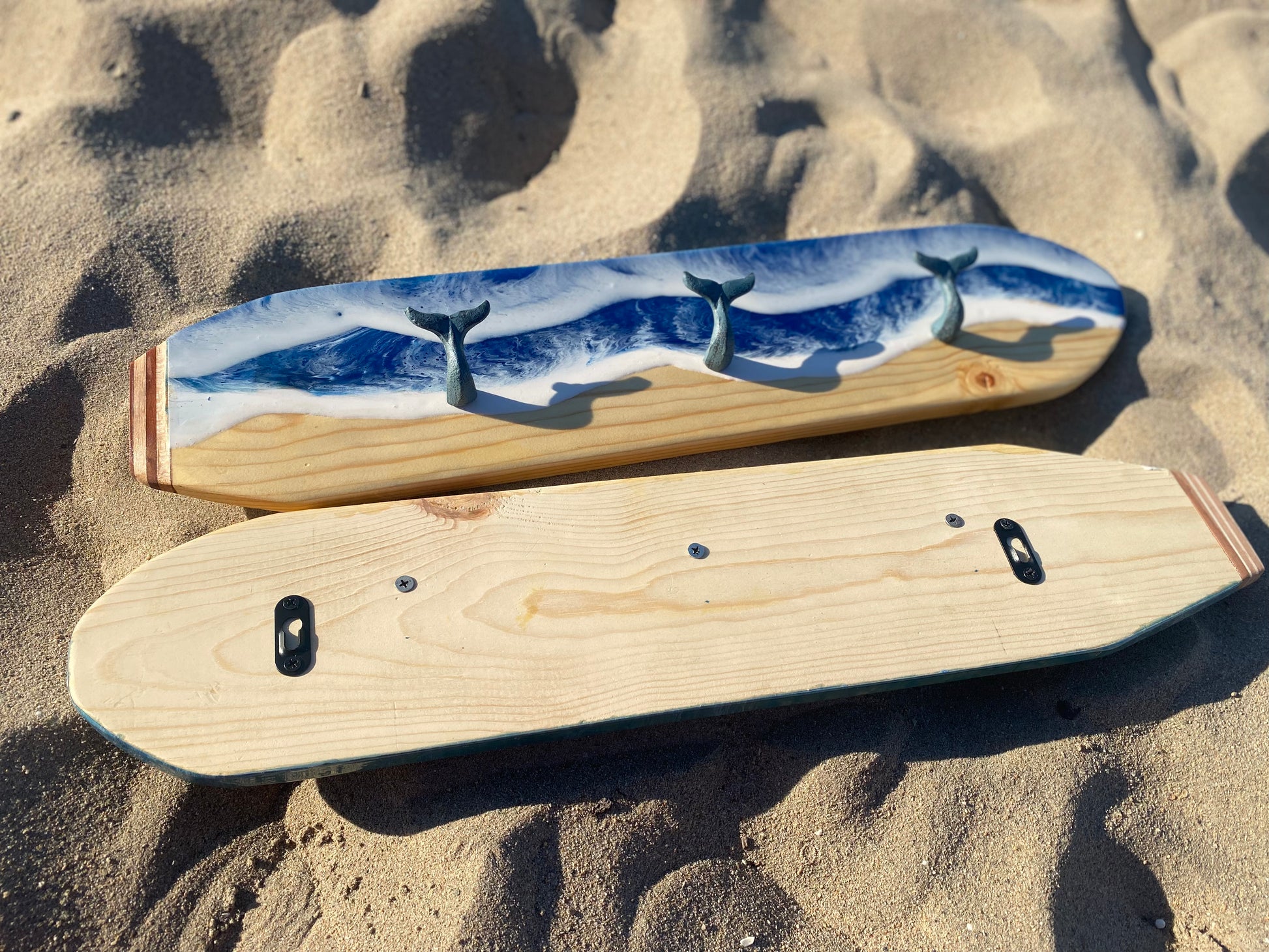 Handmade Ocean Waves Resin Surfboard Coat and Towel Hanger with Whale Tail Cast Iron Hooks - Omagoodness Art Shop