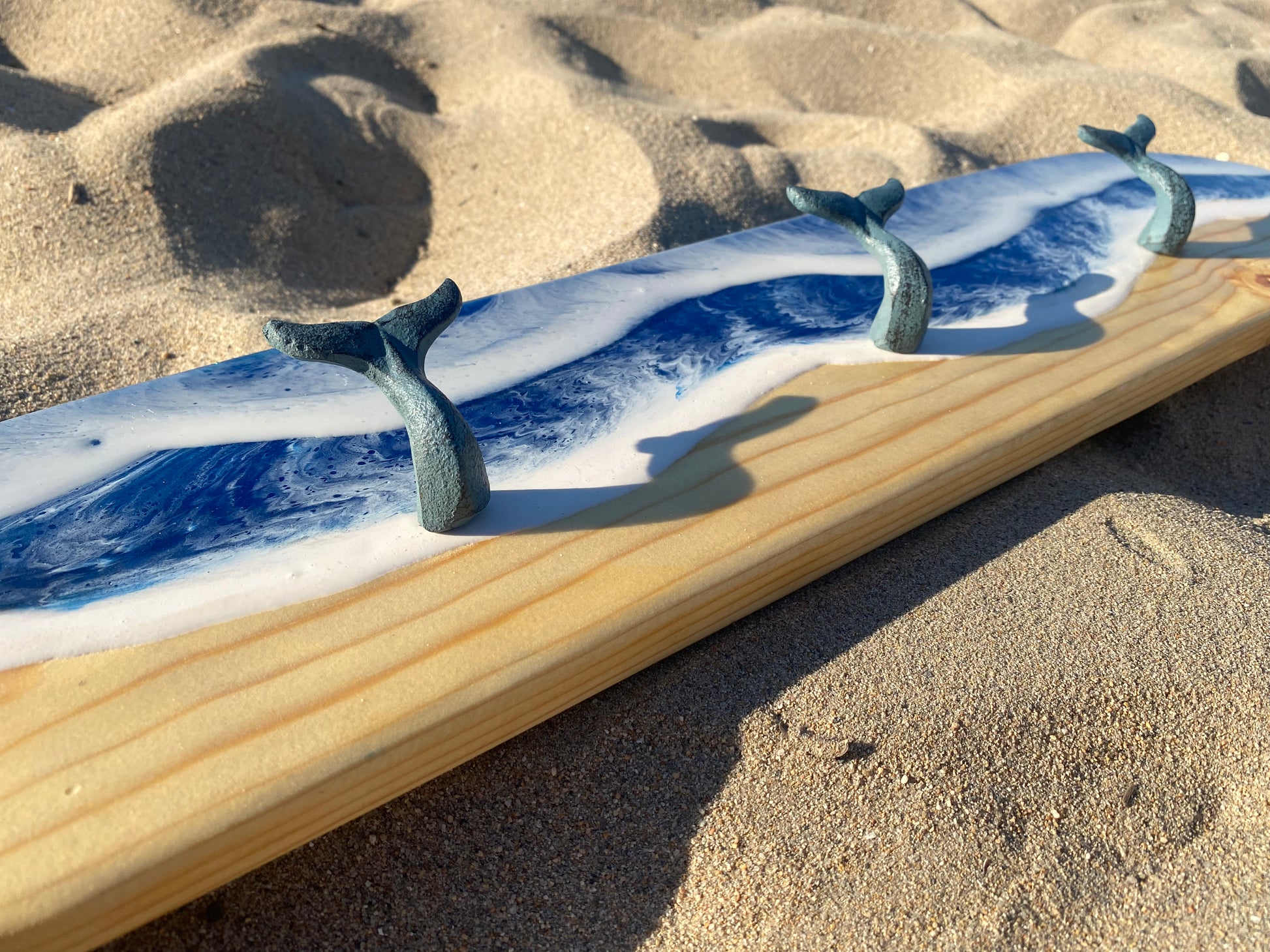 Handmade Ocean Waves Resin Surfboard Coat and Towel Hanger with Whale Tail Cast Iron Hooks - Omagoodness Art Shop