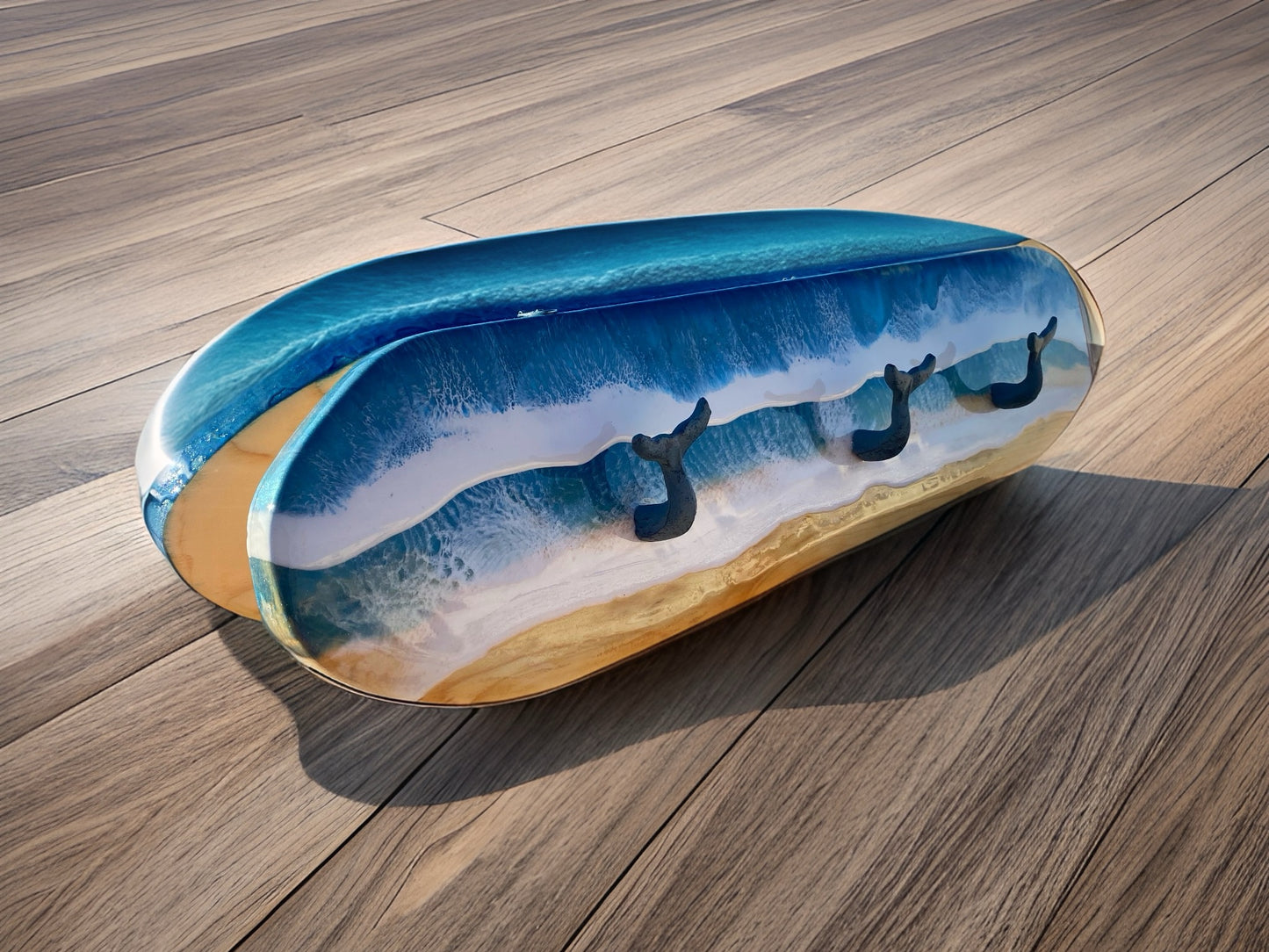 Handmade Ocean Waves Resin Surfboard Coat and Towel Hanger with Whale Tail Cast Iron Hooks
