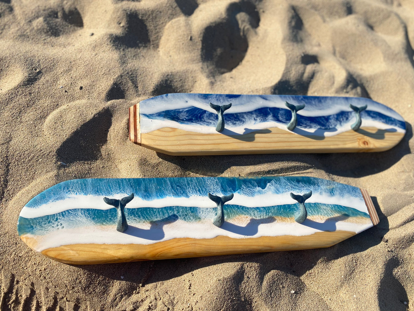 Handmade Ocean Waves Resin Surfboard Coat and Towel Hanger with Whale Tail Cast Iron Hooks - Omagoodness Art Shop