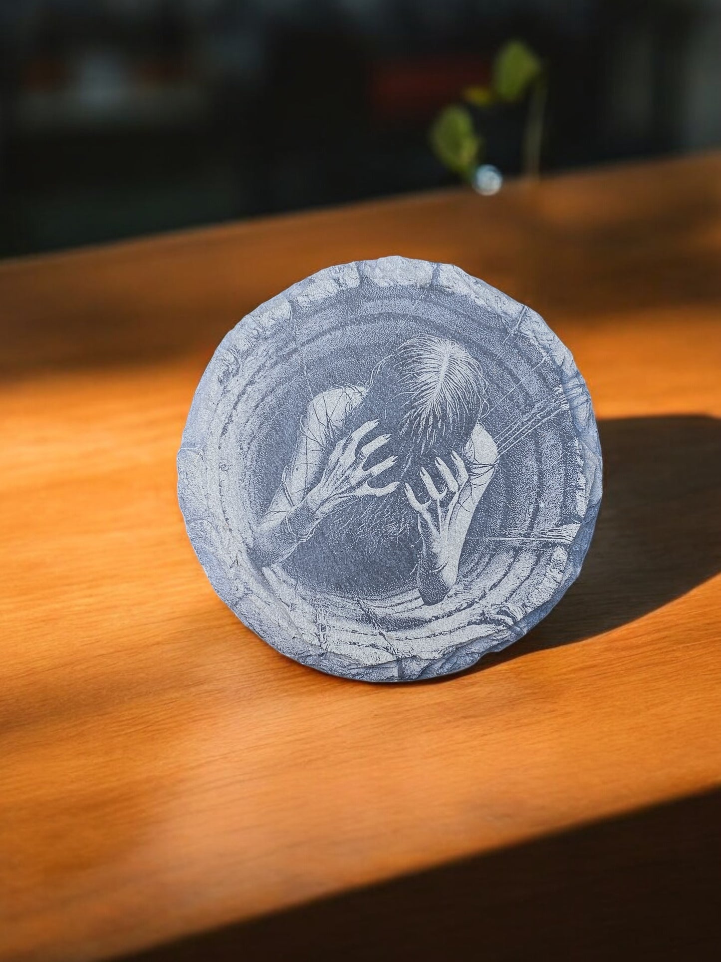 3D Illusion Laser Engraved Slate Coasters - Creepy Girl in a Well Closeup