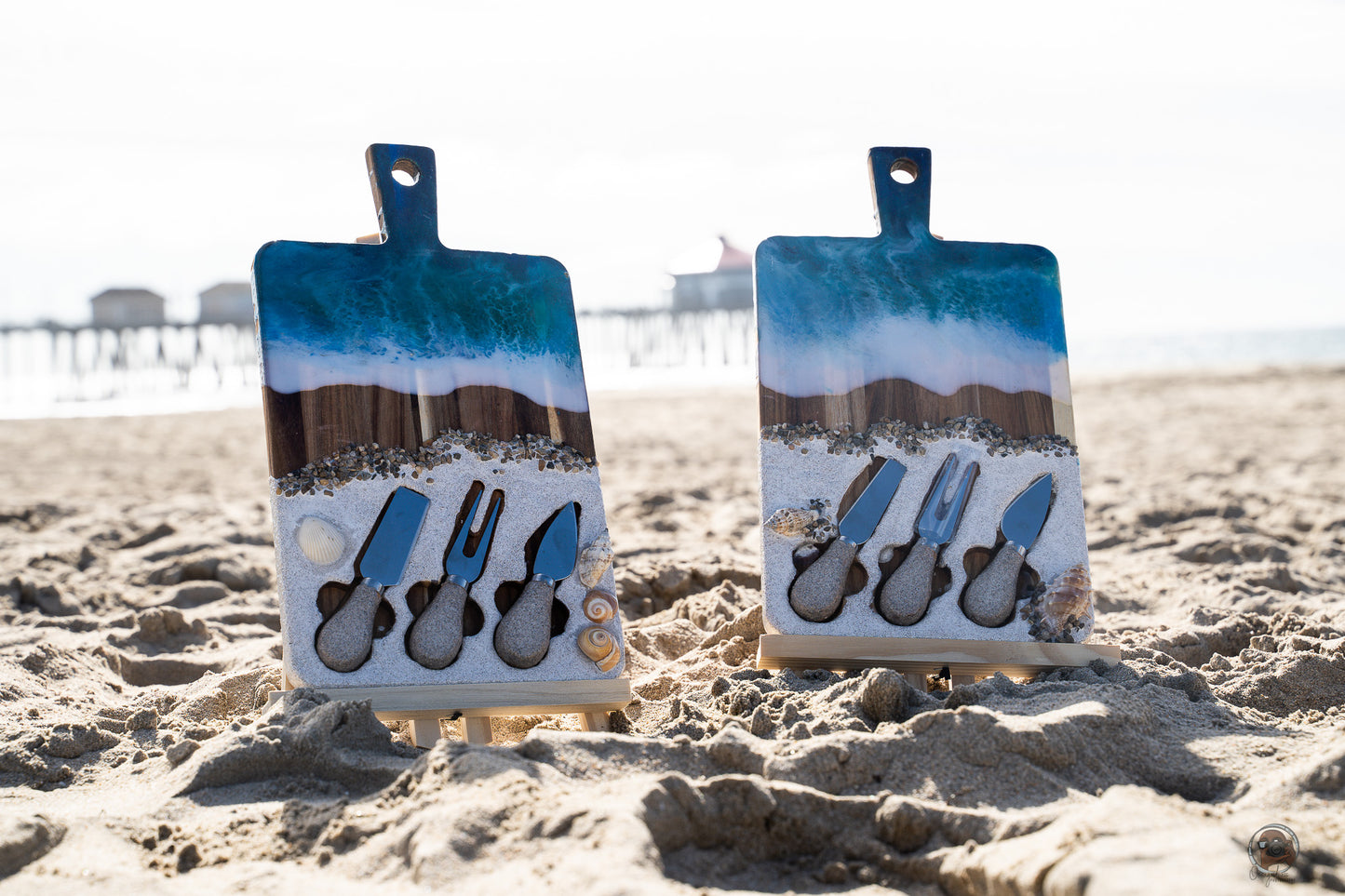 Ocean Resin Handmade Hardwood Charcuterie / Cheese Board with 3 Resin beach sand Utensils - Omagoodness Art Shop