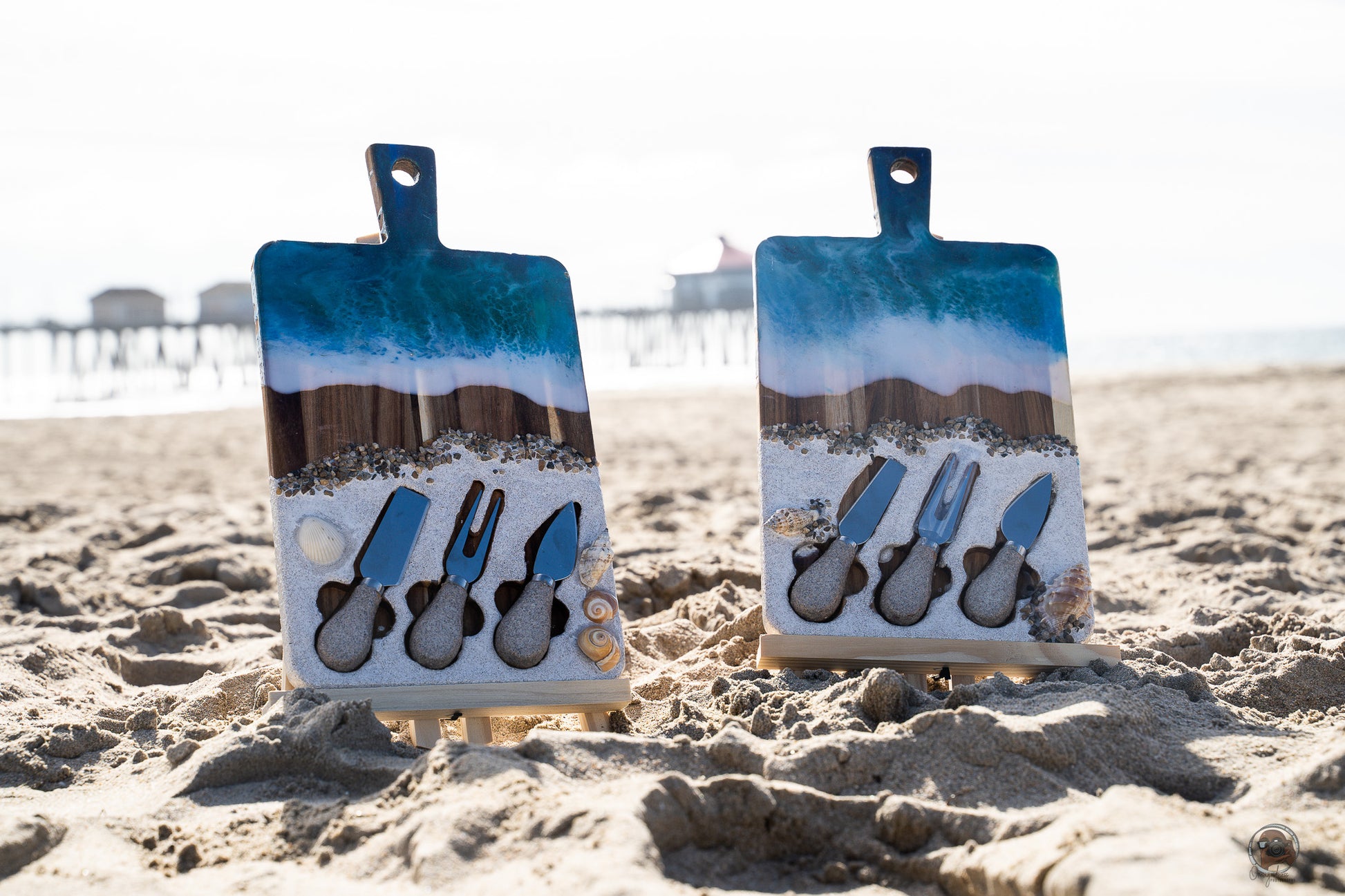 Ocean Resin Handmade Hardwood Charcuterie / Cheese Board with 3 Resin beach sand  Utensils - Omagoodness Art Shop