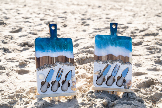Ocean Resin Handmade Hardwood Charcuterie / Cheese Board with 3 Resin beach sand  Utensils - Omagoodness Art Shop