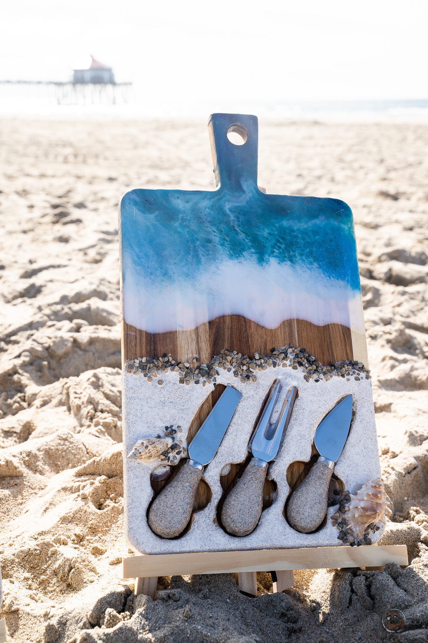 Ocean Resin Handmade Hardwood Charcuterie / Cheese Board with 3 Resin beach sand  Utensils - Omagoodness Art Shop