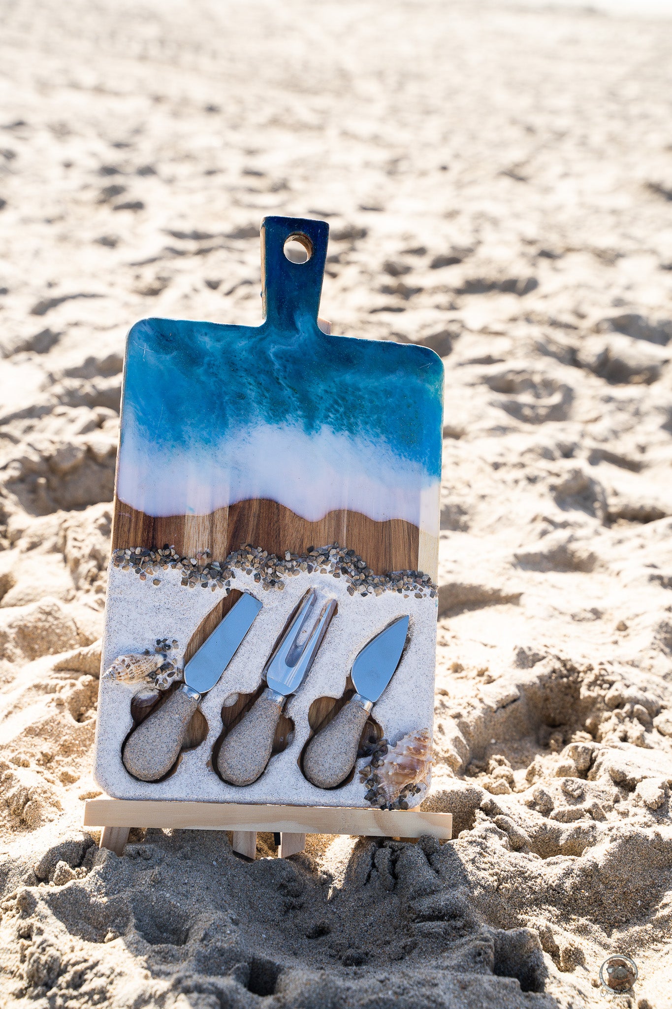 Ocean Resin Handmade Hardwood Charcuterie / Cheese Board with 3 Resin beach sand  Utensils - Omagoodness Art Shop
