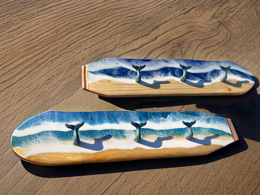 Handmade Ocean Waves Resin Surfboard Coat and Towel Hanger with Whale Tail Cast Iron Hooks