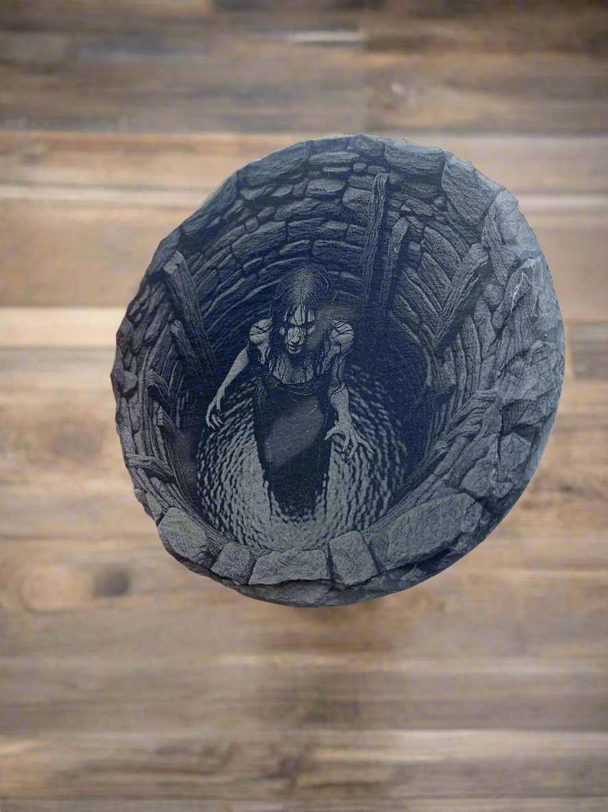 3D Illusion Laser Engraved Slate Coasters - Creepy Girl in a Well