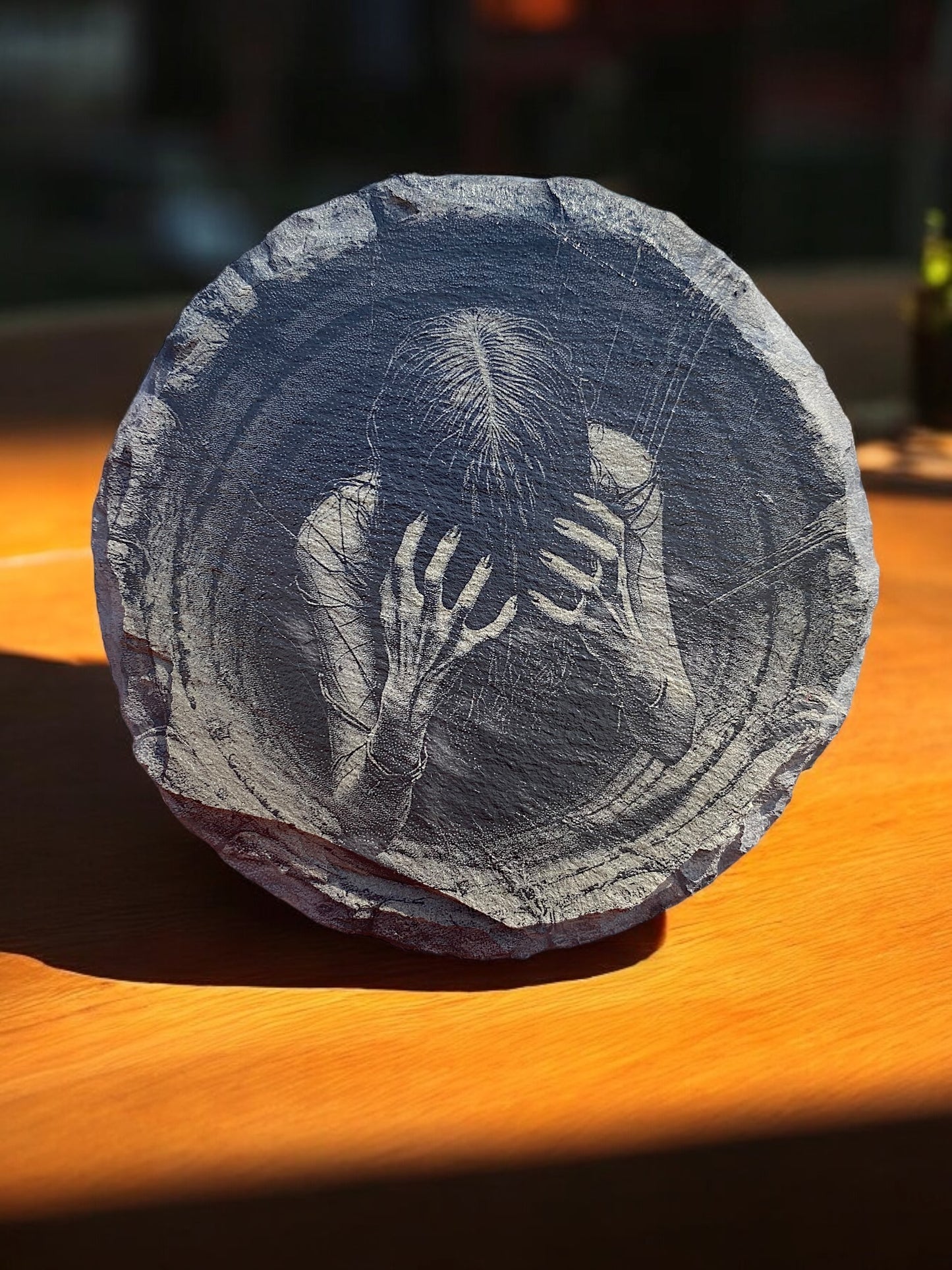 3D Illusion Laser Engraved Slate Coasters - Creepy Girl in a Well Closeup