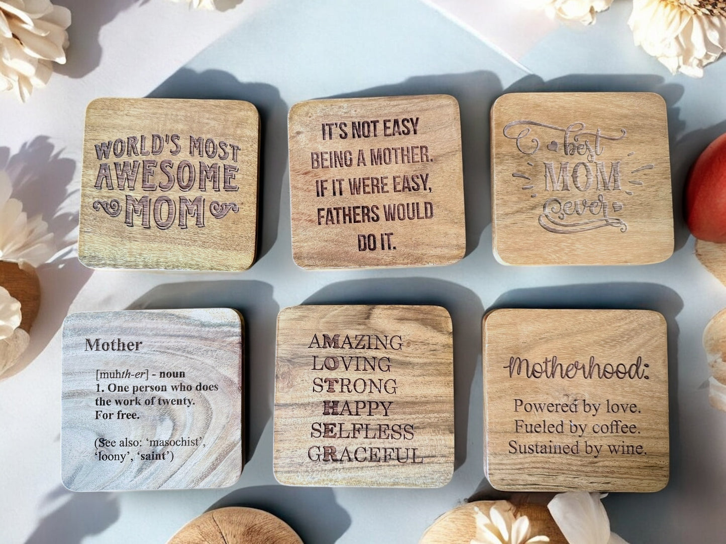 Mom Coasters – Motherhood Gifts – Wood or Slate Coaster – Handmade Engraving Single or Set of 4/6 | Gifts for Mom