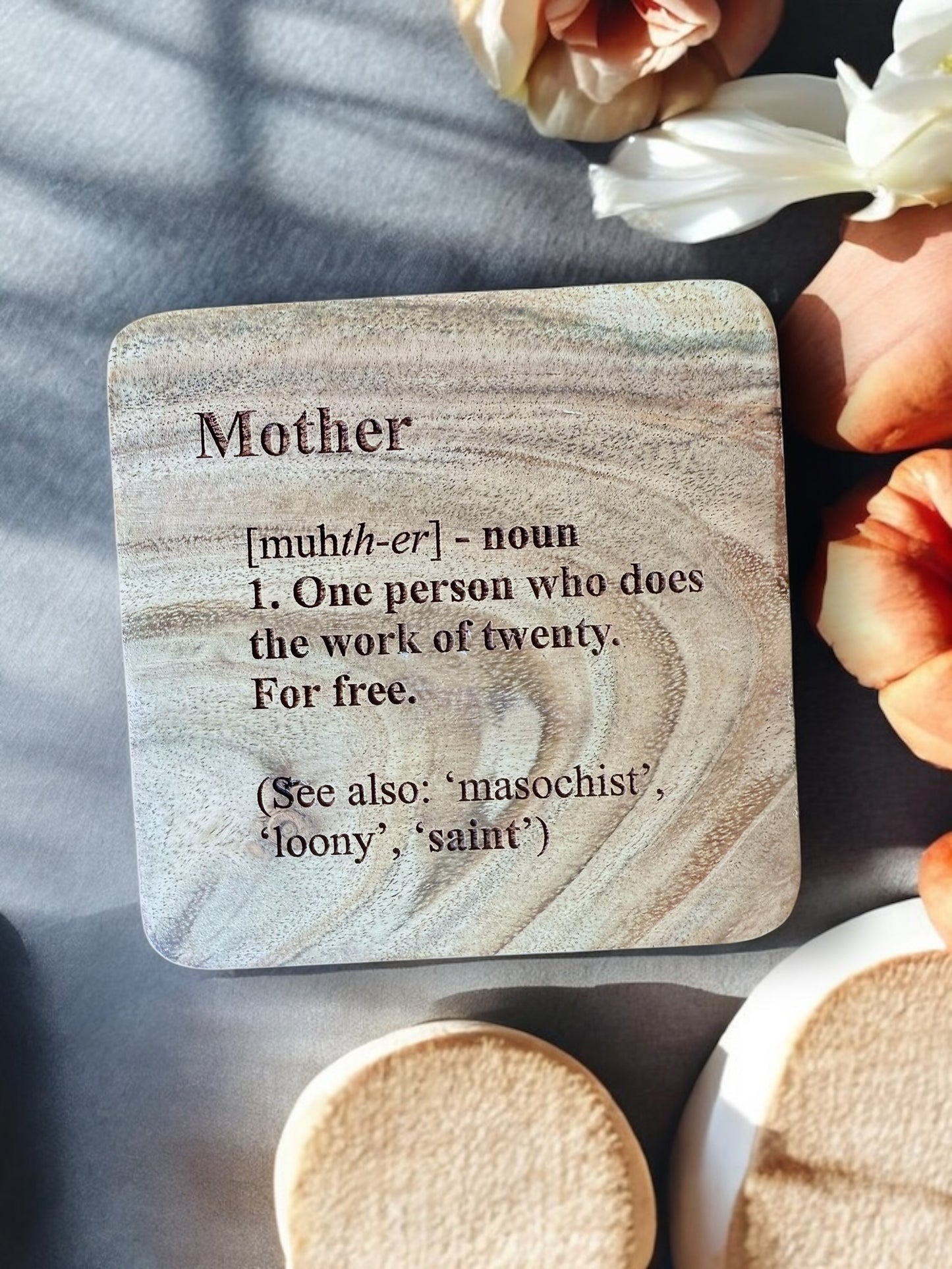 Mom Coasters – Motherhood Gifts – Wood or Slate Coaster – Handmade Engraving Single or Set of 4/6 | Gifts for Mom
