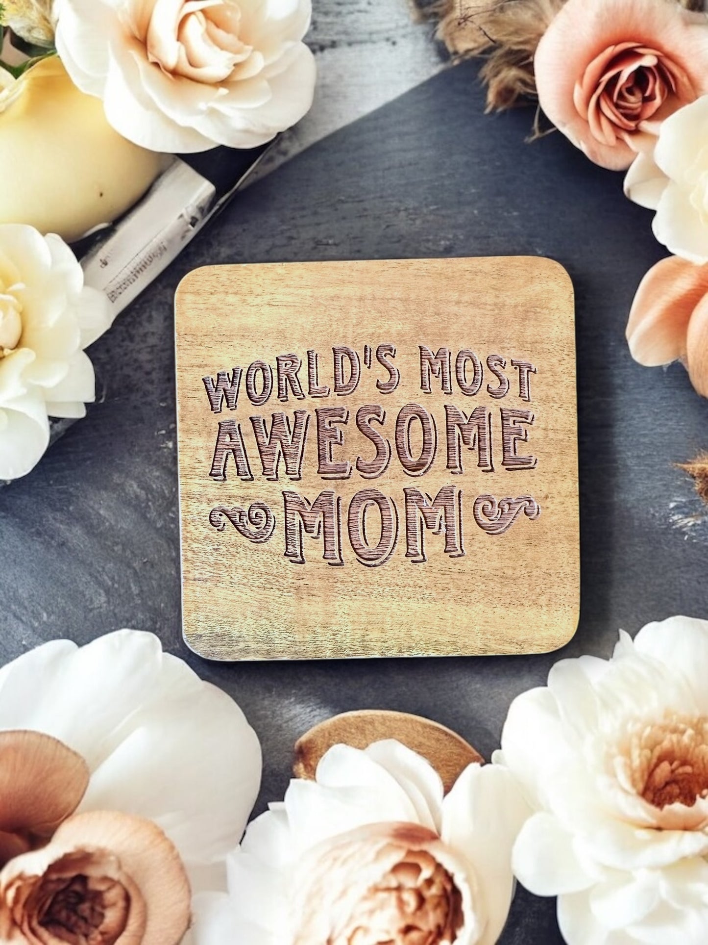 Mom Coasters – Motherhood Gifts – Wood or Slate Coaster – Handmade Engraving Single or Set of 4/6 | Gifts for Mom