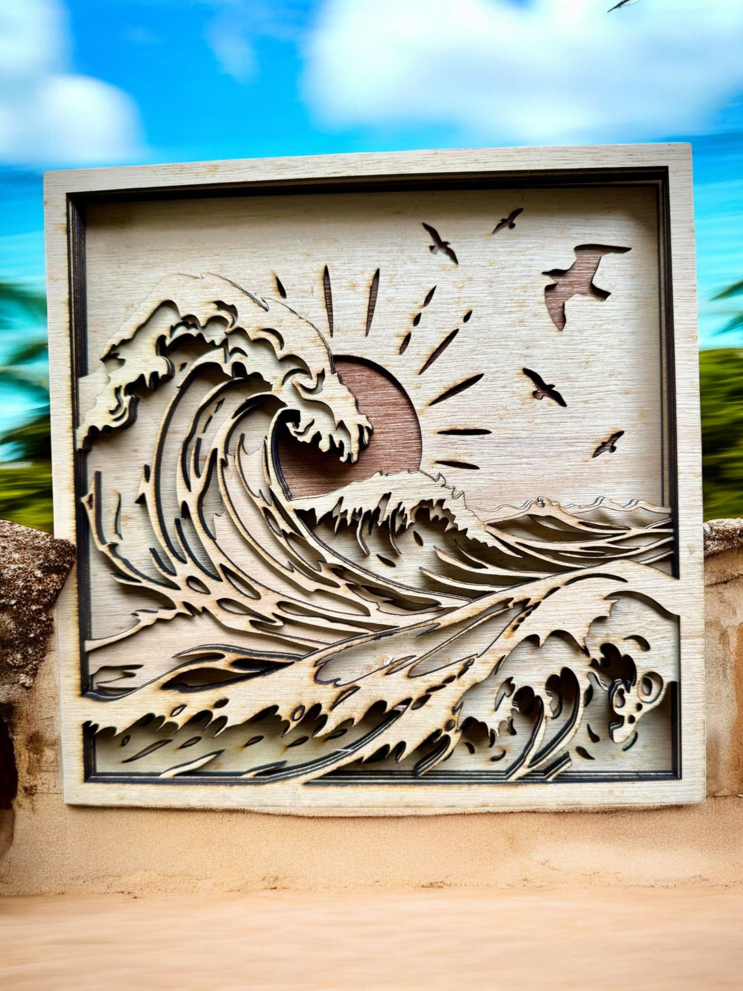 Japanese-Style Wave Wooden Decor