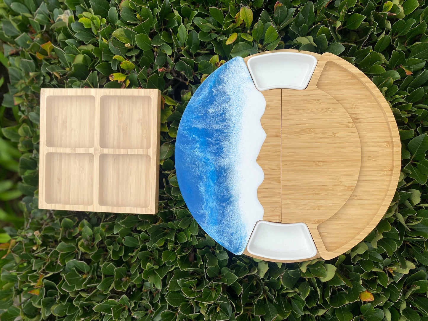 Extra Large Round Ocean Resin Wood Cheese Board and Knife Set -Charcuterie Board with Serving Bowl & Utensils Grooved Design with Fruit Tray