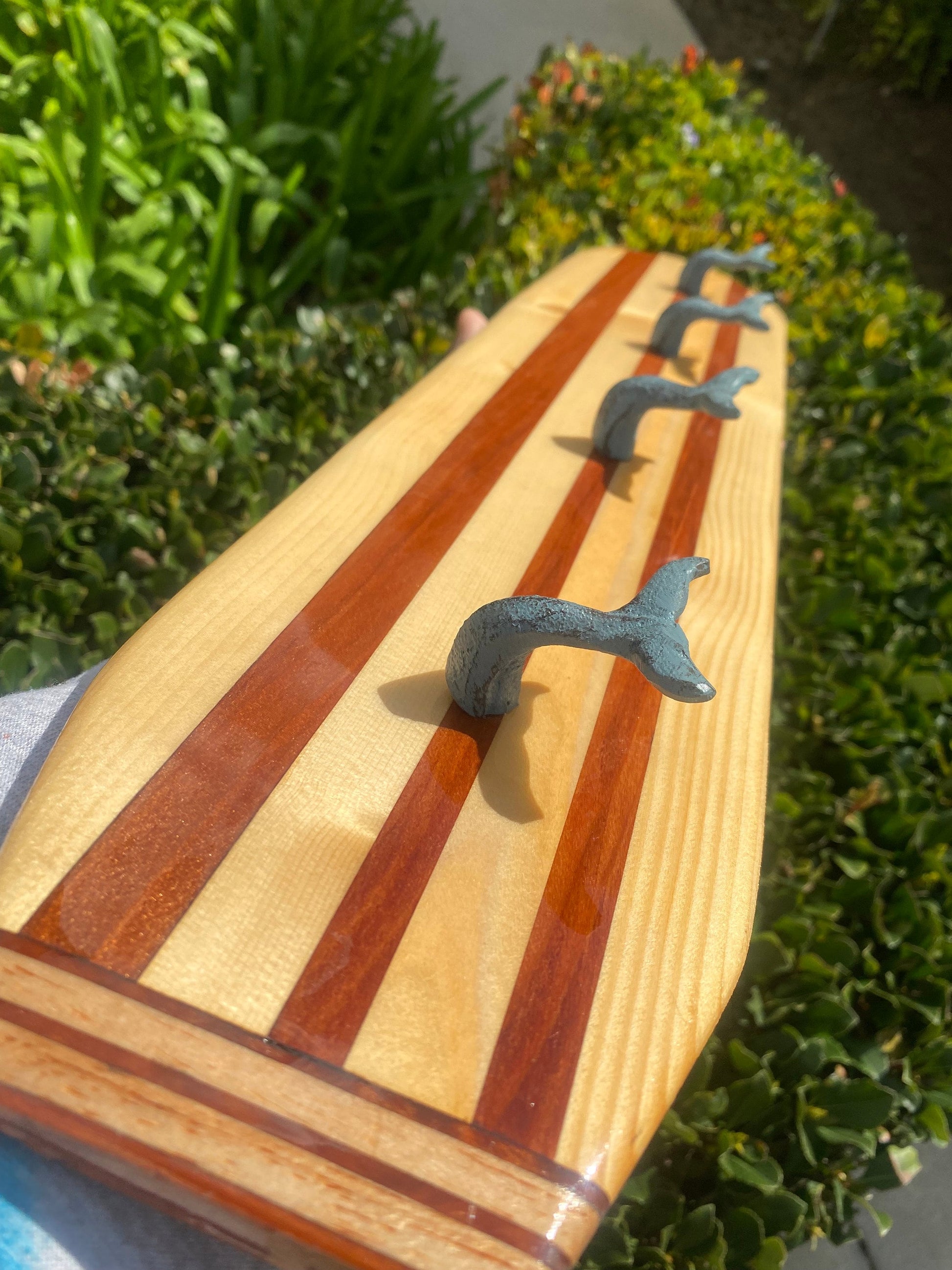 Surfboard Resin Coat and Towel Hanger with 4 Whale Tail Cast Iron Hooks